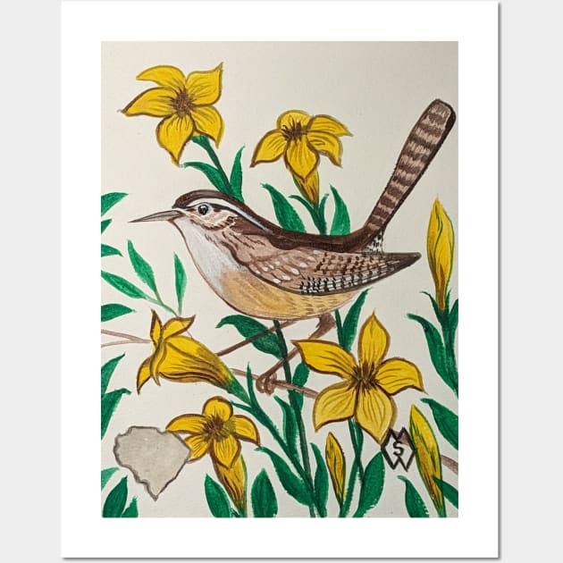 South Carolina state bird and flower, the Carolina wren and yellow jessamine Wall Art by Matt Starr Fine Art